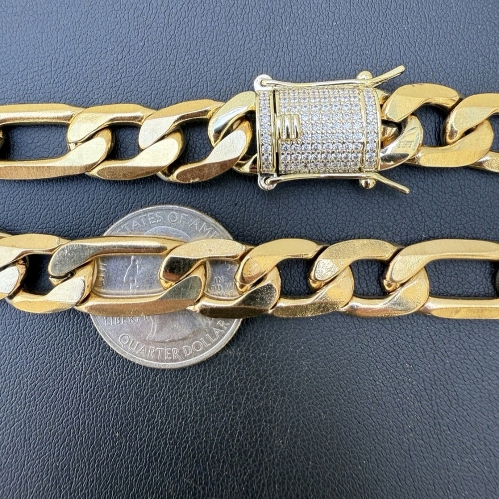14k Gold Plated Steel 12mm Figaro Chain W. Iced CZ Clasp 30” Chain - Picture 2 of 6